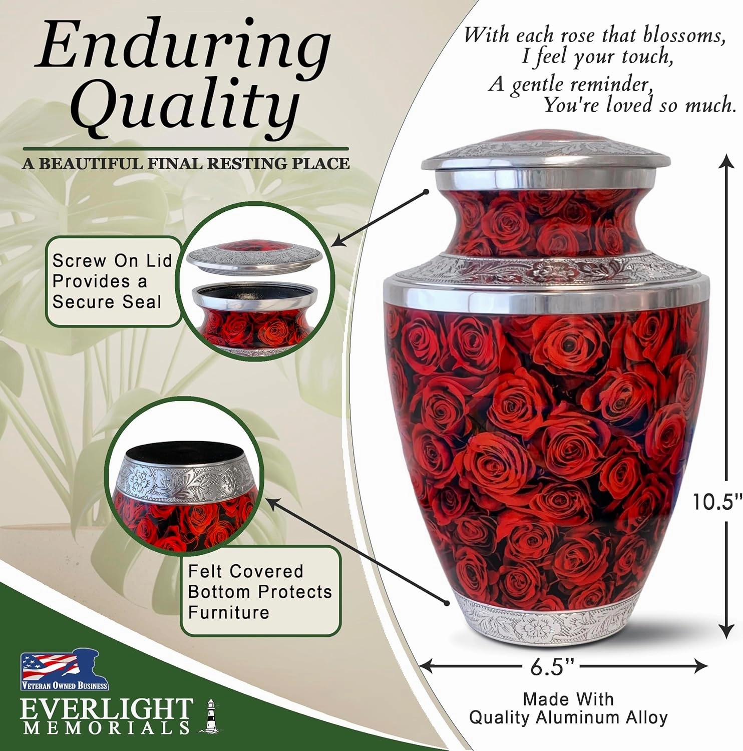 Red Roses Cremation Urn for Human Ashes – A Loving Tribute for an Adult Female – Memorial Urn for Mother, Daughter, Sister, or Wife – A Place for Her Memory to Bloom Every Day