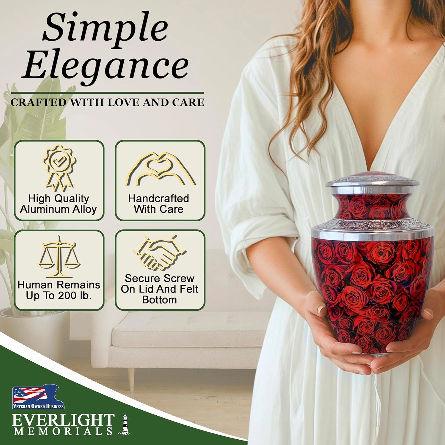 Red Roses Cremation Urn for Human Ashes – A Loving Tribute for an Adult Female – Memorial Urn for Mother, Daughter, Sister, or Wife – A Place for Her Memory to Bloom Every Day